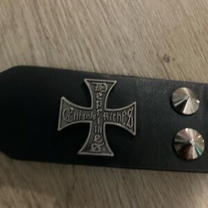 Black Leather Bracelet with Silver Cross